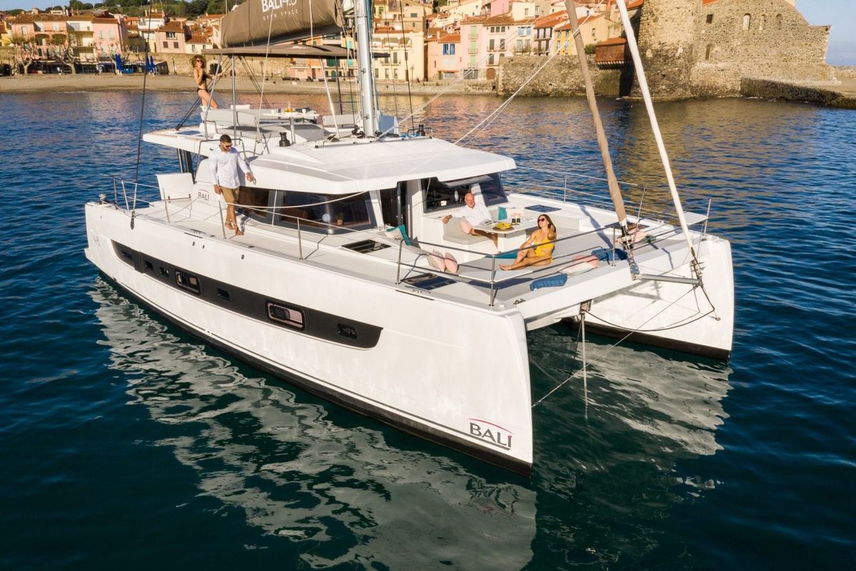 Exterior view of Nia, a Bali 4.6 catamaran at Sitges, Spain