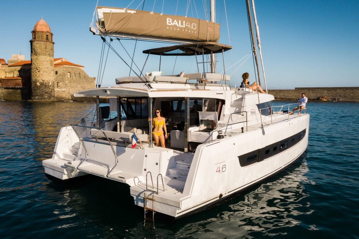 Exterior view of Nia, a Bali 4.6 catamaran at Sitges, Spain