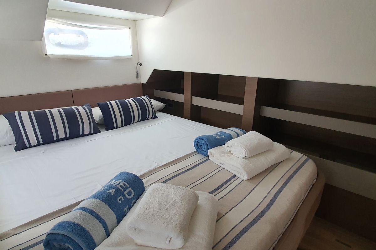 Cabin on Nia, a Bali 4.6 catamaran at Sitges, Spain