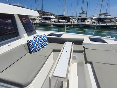Deck of Nia, a Bali 4.6 catamaran at Sitges, Spain