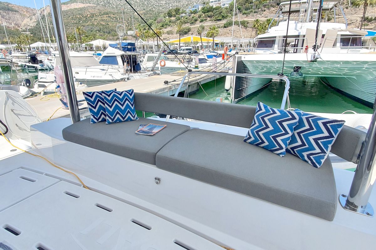 Deck of Nia, a Bali 4.6 catamaran at Sitges, Spain
