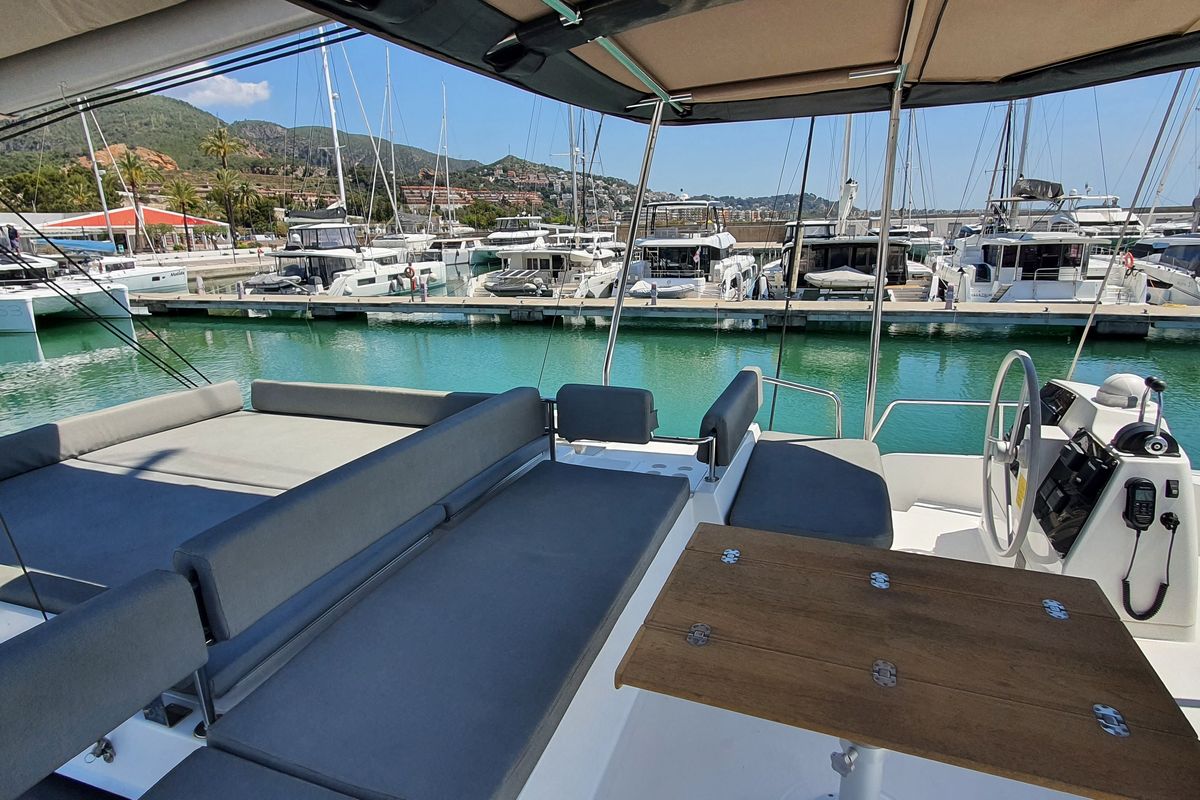 Deck of Nia, a Bali 4.6 catamaran at Sitges, Spain