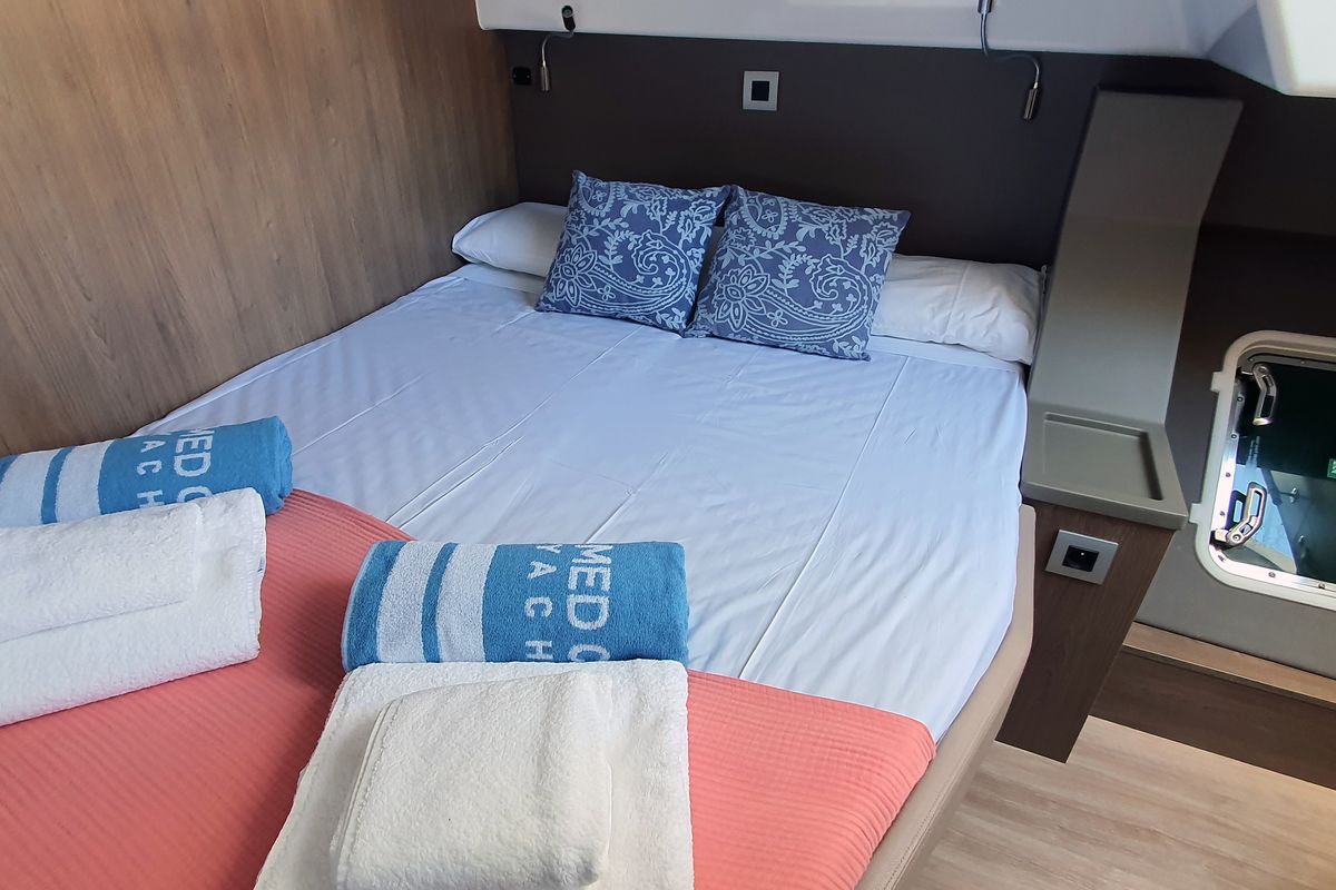 Cabin on Nia, a Bali 4.6 catamaran at Sitges, Spain