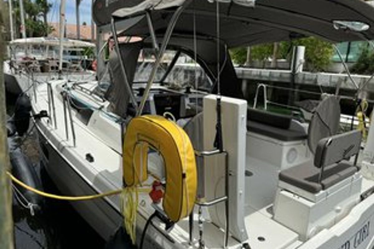 Deck of Island Girl, a Dufour 37 sailboat at Central Abaco, Bahamas