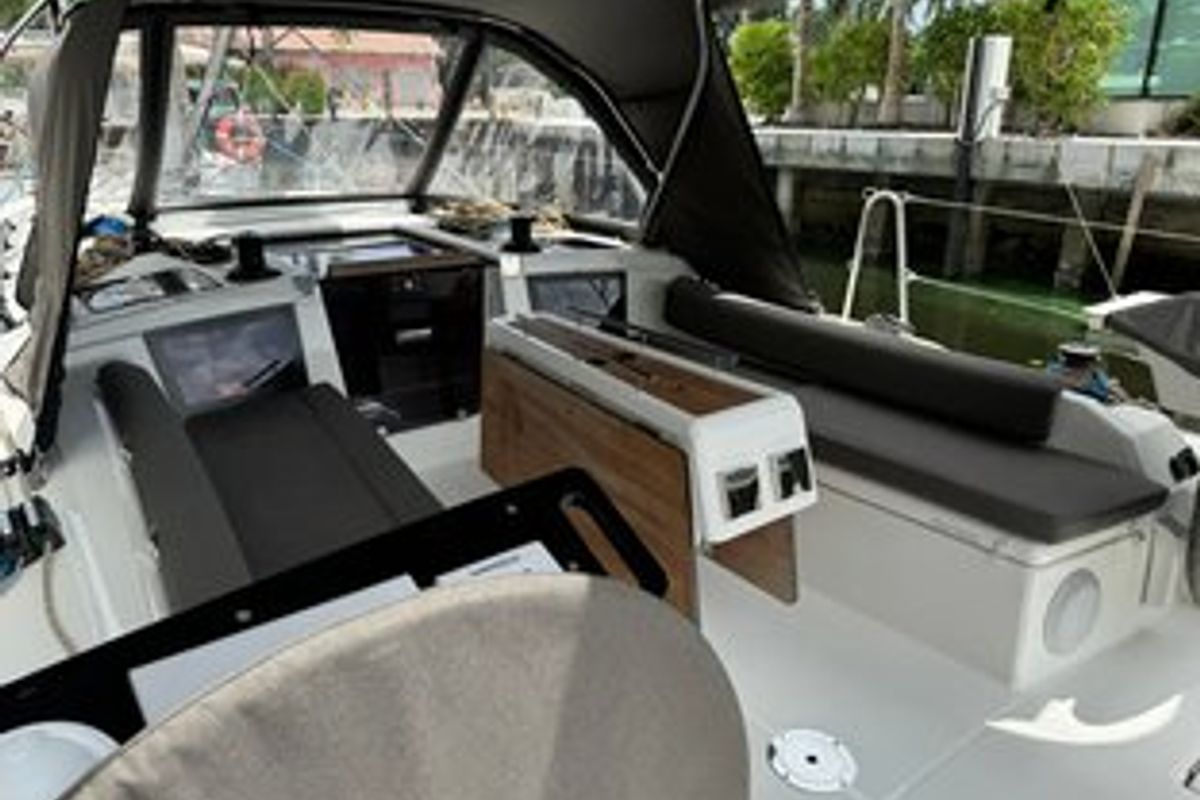 Cockpit of Island Girl, a Dufour 37 sailboat at Central Abaco, Bahamas