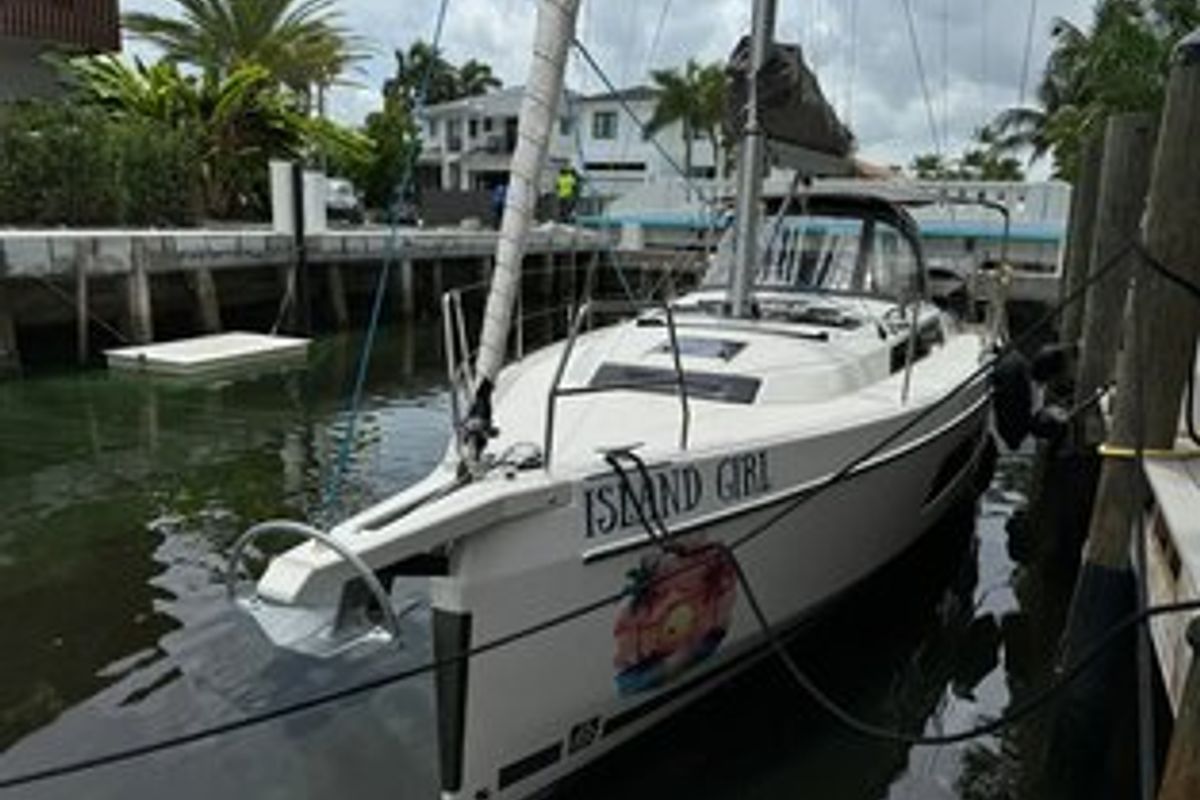 Exterior view of Island Girl, a Dufour 37 sailboat at Central Abaco, Bahamas