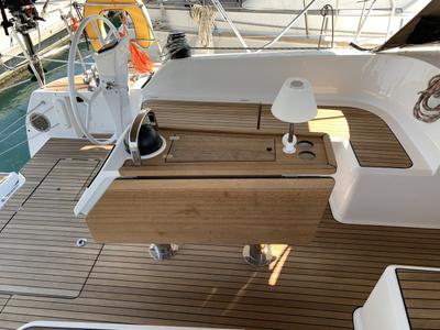 Deck of Oceanos, a Bavaria Cruiser 46 sailboat at Lavreotiki Municipal Unit, Greece