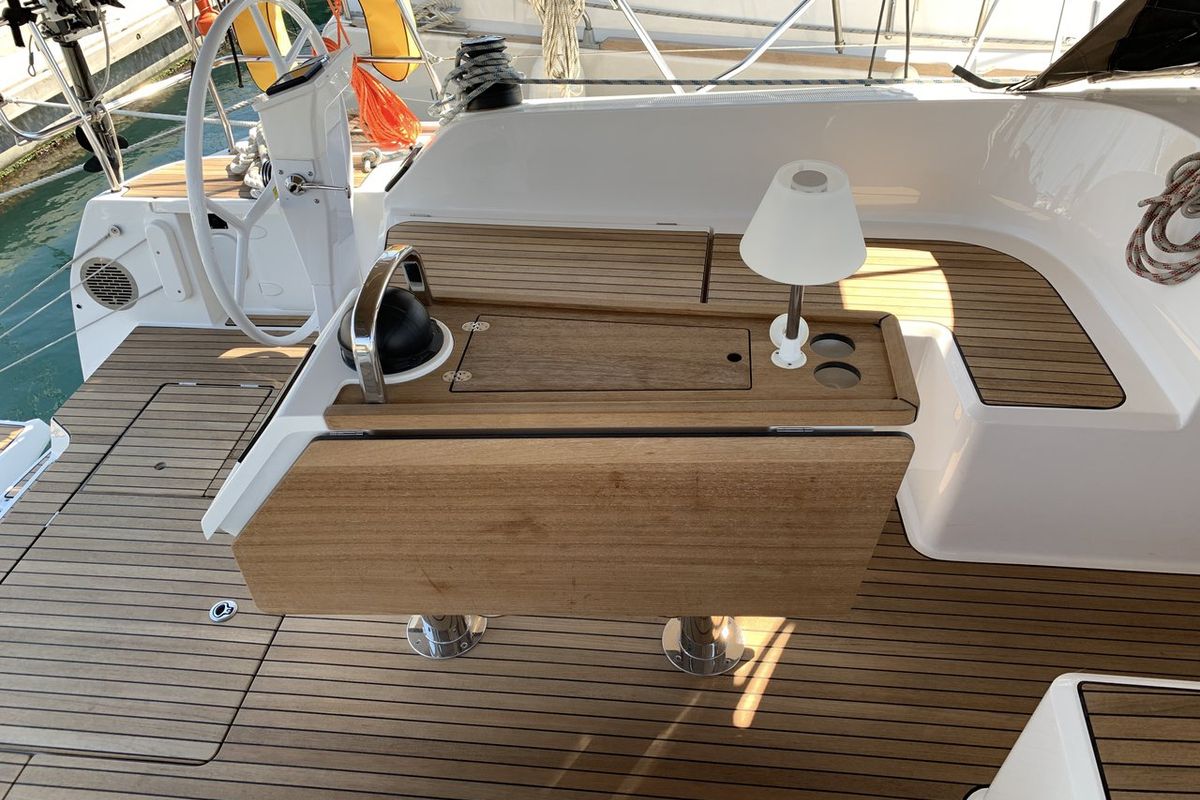 Deck of Oceanos, a Bavaria Cruiser 46 sailboat at Lavreotiki Municipal Unit, Greece