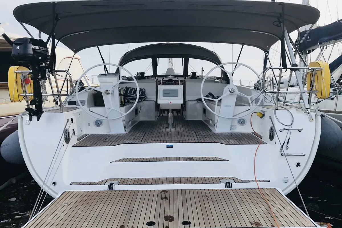 Exterior view of Oceanos, a Bavaria Cruiser 46 sailboat at Lavreotiki Municipal Unit, Greece