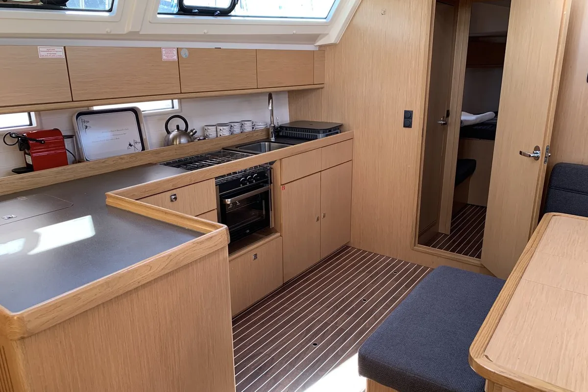 Galley of Oceanos, a Bavaria Cruiser 46 sailboat at Lavreotiki Municipal Unit, Greece