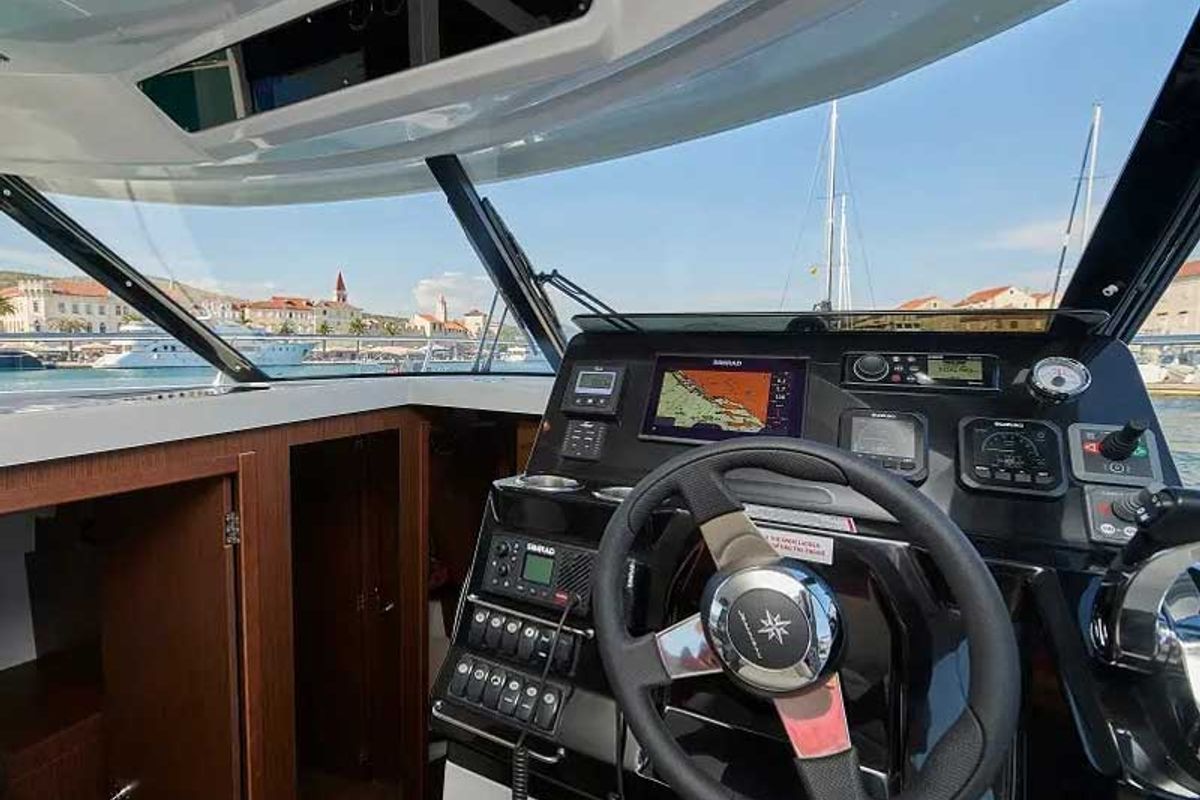 Cockpit of TG, a Jeanneau Merry Fisher 1095 FLY motorboat at Grad Trogir, Croatia