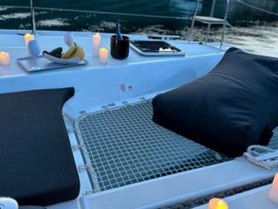 Deck of Karla, a Lagoon 42 catamaran at Parikia, Greece