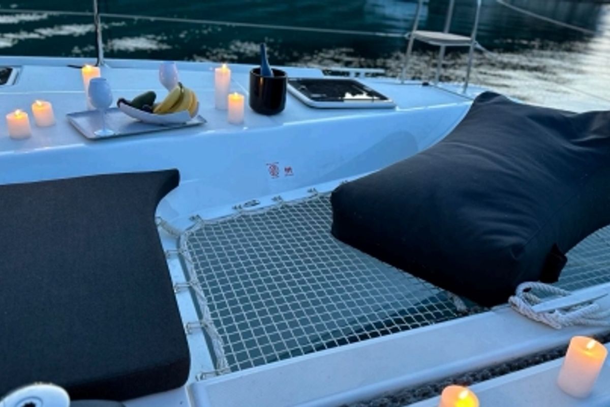 Deck of Karla, a Lagoon 42 catamaran at Parikia, Greece