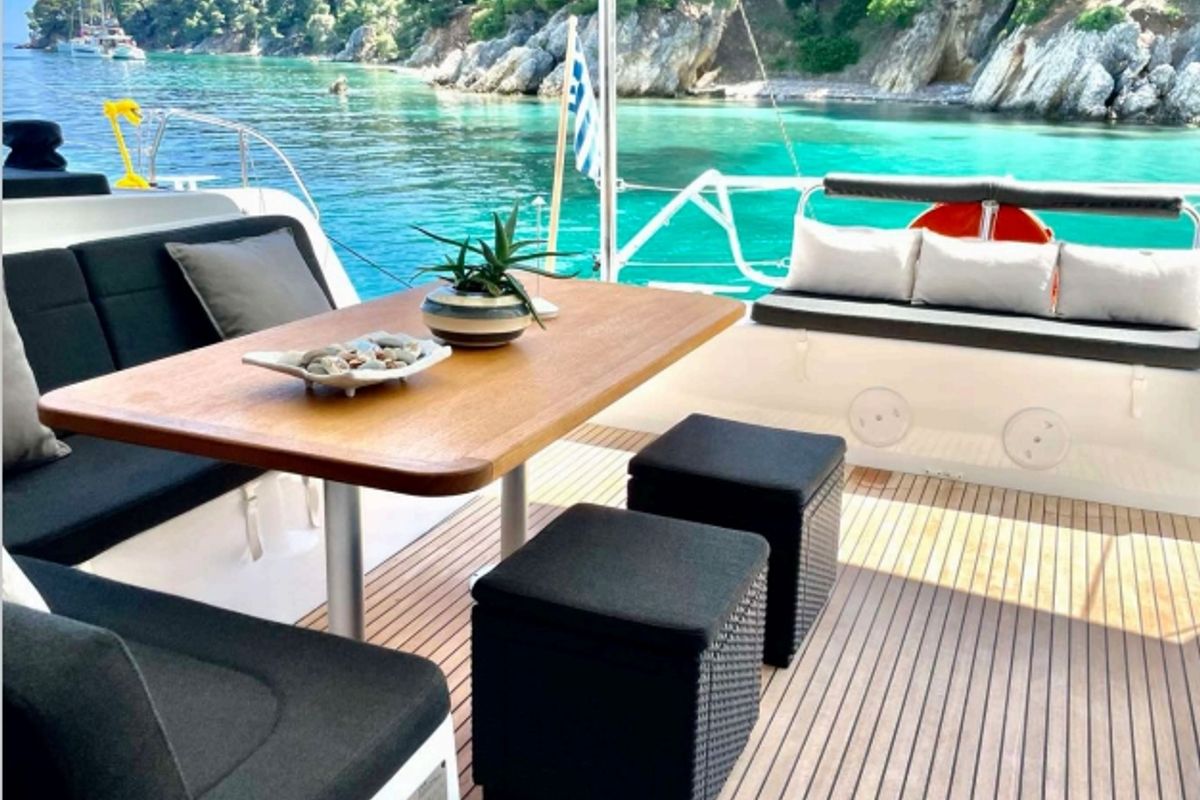 Deck of Karla, a Lagoon 42 catamaran at Parikia, Greece