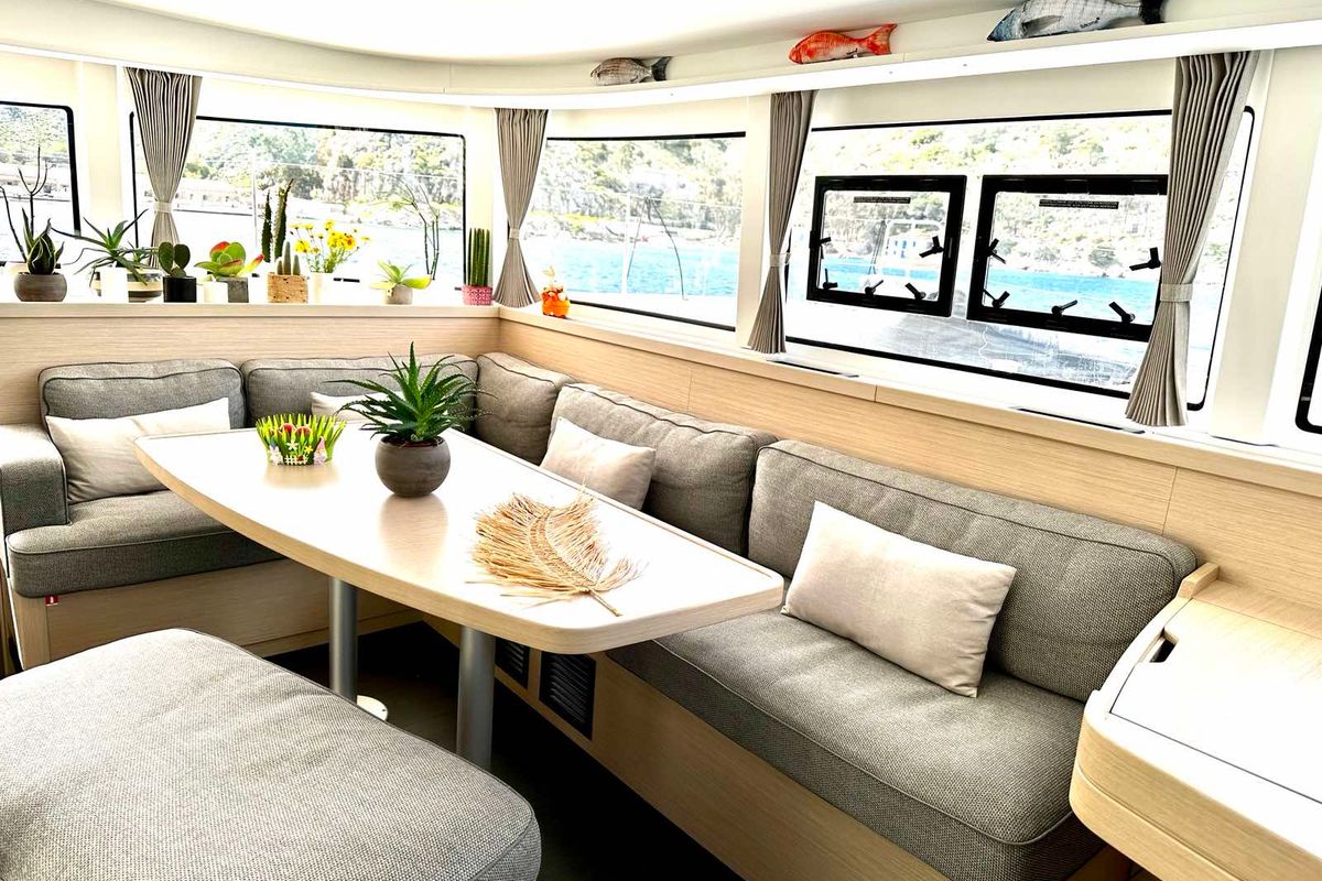 Salon of Karla, a Lagoon 42 catamaran at Parikia, Greece