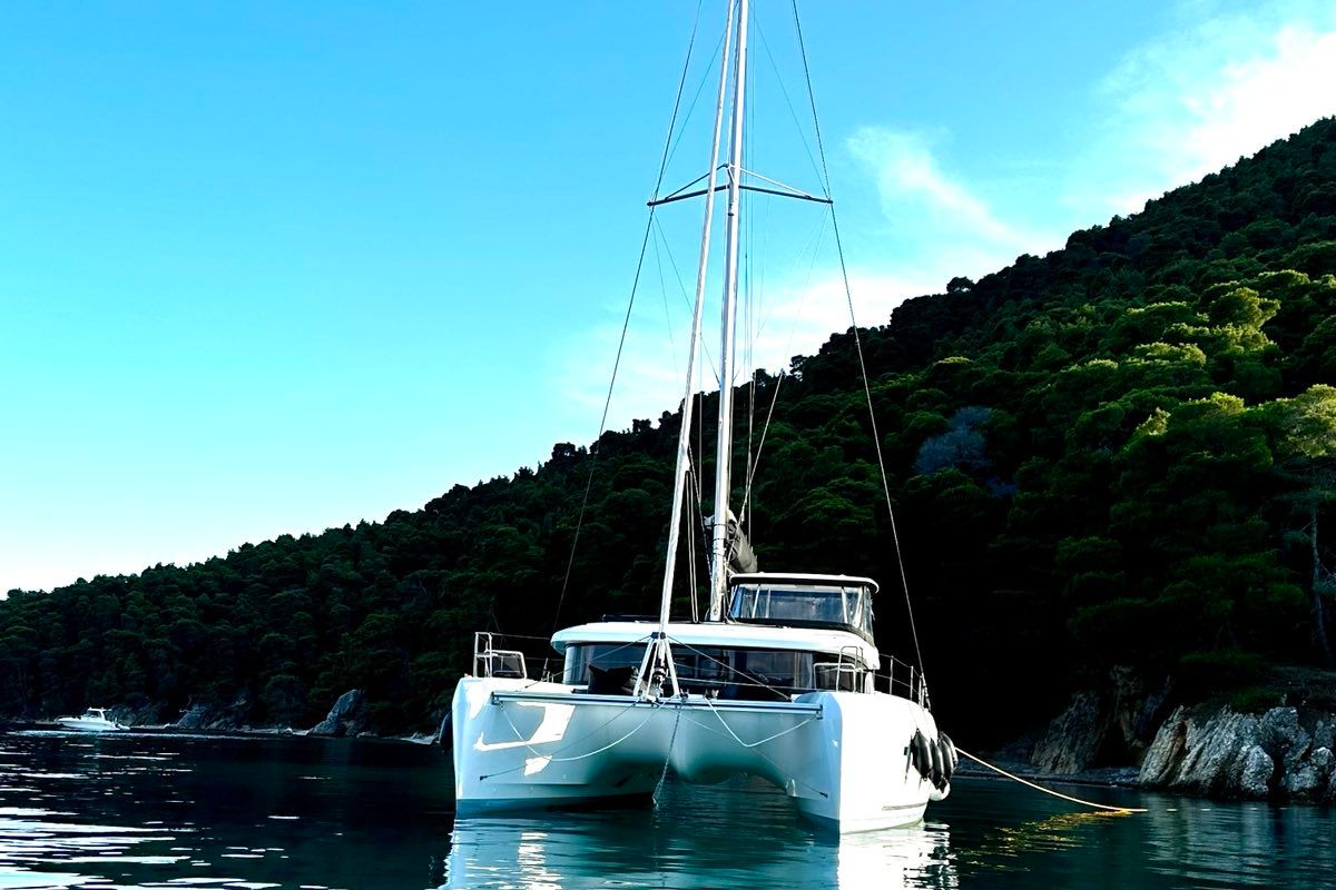 Exterior view of Karla, a Lagoon 42 catamaran at Parikia, Greece