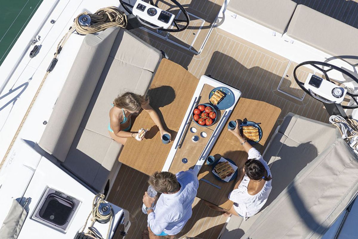 Deck of Calypso, a Dufour 430 sailboat at Municipal Unit of Rhodes, Greece