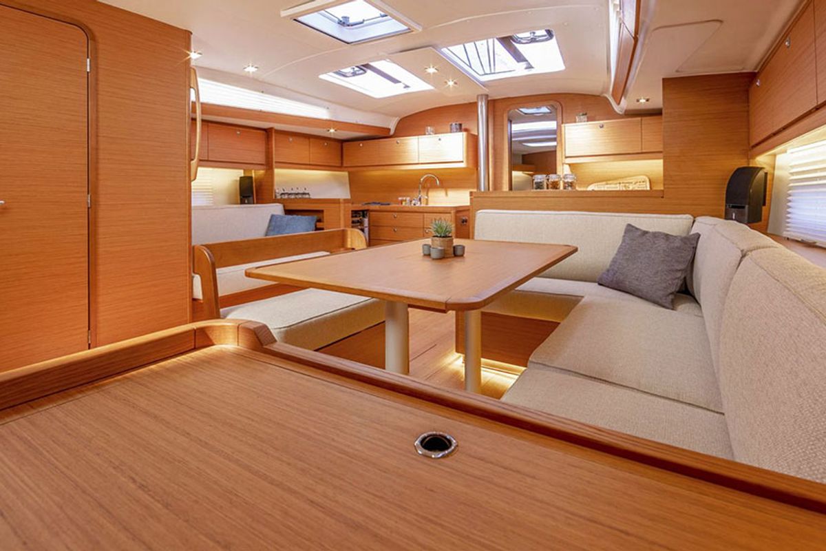 Salon of Calypso, a Dufour 430 sailboat at Municipal Unit of Rhodes, Greece
