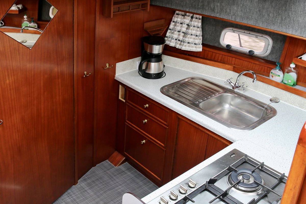 Galley of Larissa, a Gulet Merenpoort 1100s motorboat at Heukelum, Netherlands