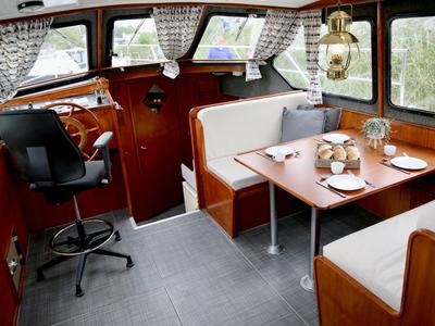 Cockpit of Larissa, a Gulet Merenpoort 1100s motorboat at Heukelum, Netherlands