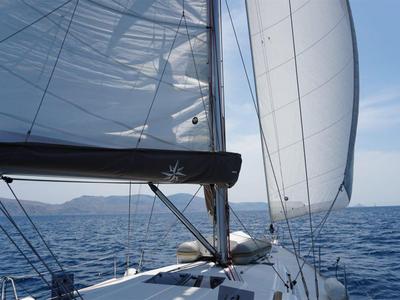 Deck of Kontiki, a Jeanneau Sun Odyssey 519 sailboat at Municipal Unit of Lefkada, Greece