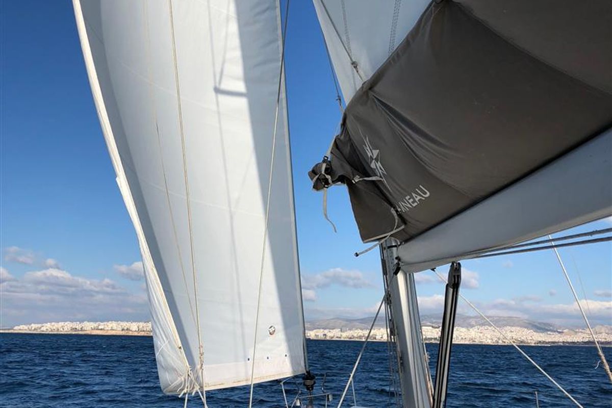 Deck of Kontiki, a Jeanneau Sun Odyssey 519 sailboat at Municipal Unit of Lefkada, Greece