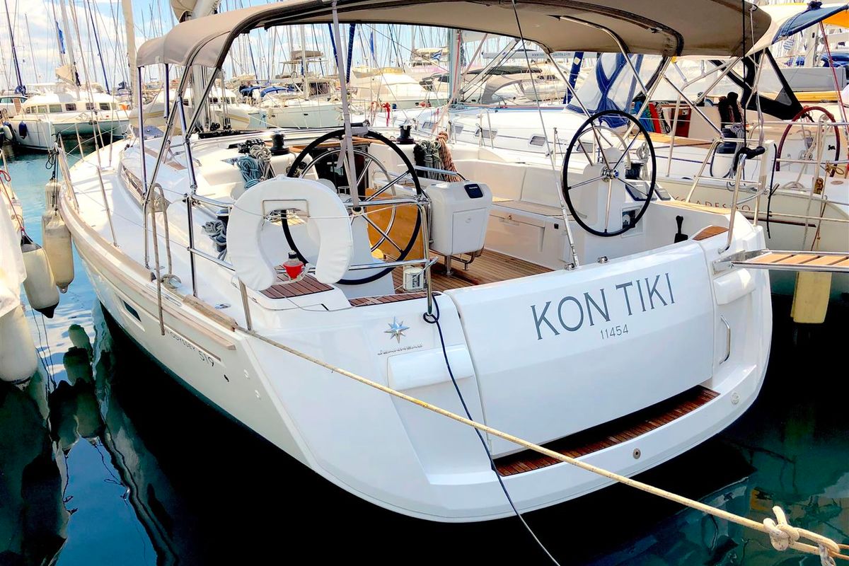 Exterior view of Kontiki, a Jeanneau Sun Odyssey 519 sailboat at Municipal Unit of Lefkada, Greece