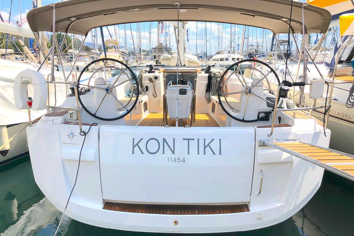 Exterior view of Kontiki, a Jeanneau Sun Odyssey 519 sailboat at Municipal Unit of Lefkada, Greece