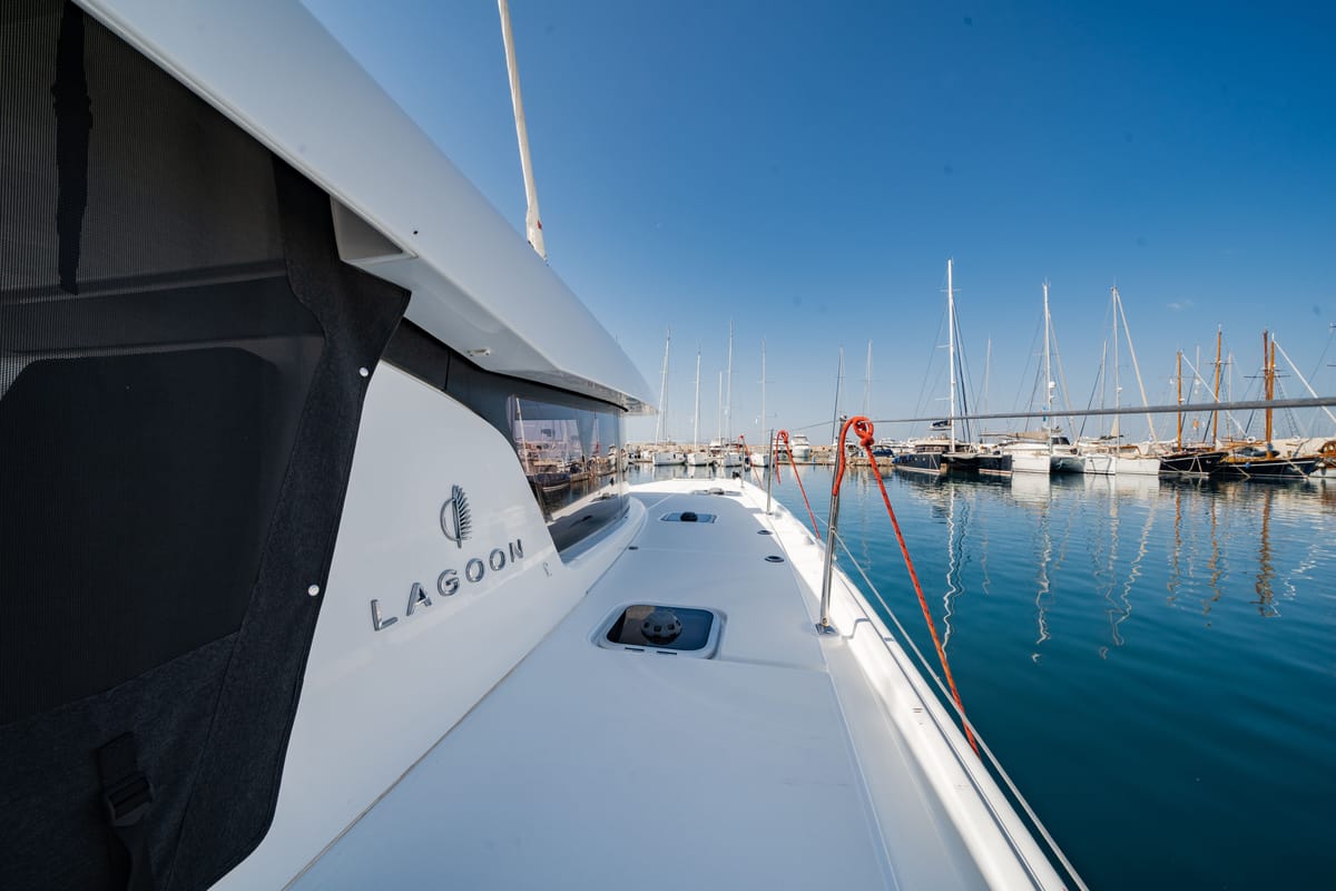 Deck of Celena V, a Lagoon 42 catamaran at Benitses, Greece