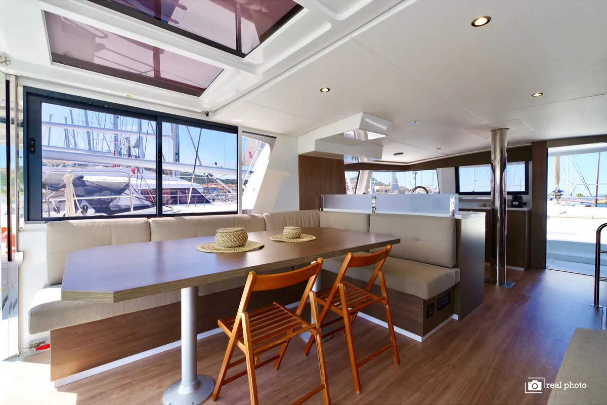 Deck of Orsa II, a Bali 4.6 catamaran at Cannigione, Italy