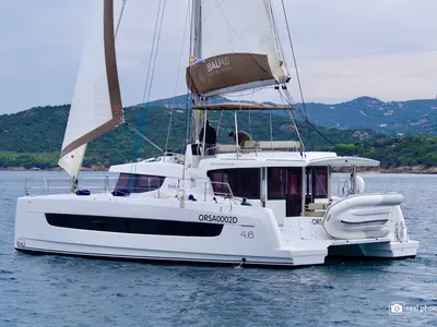 Cockpit of Orsa II, a Bali 4.6 catamaran at Cannigione, Italy