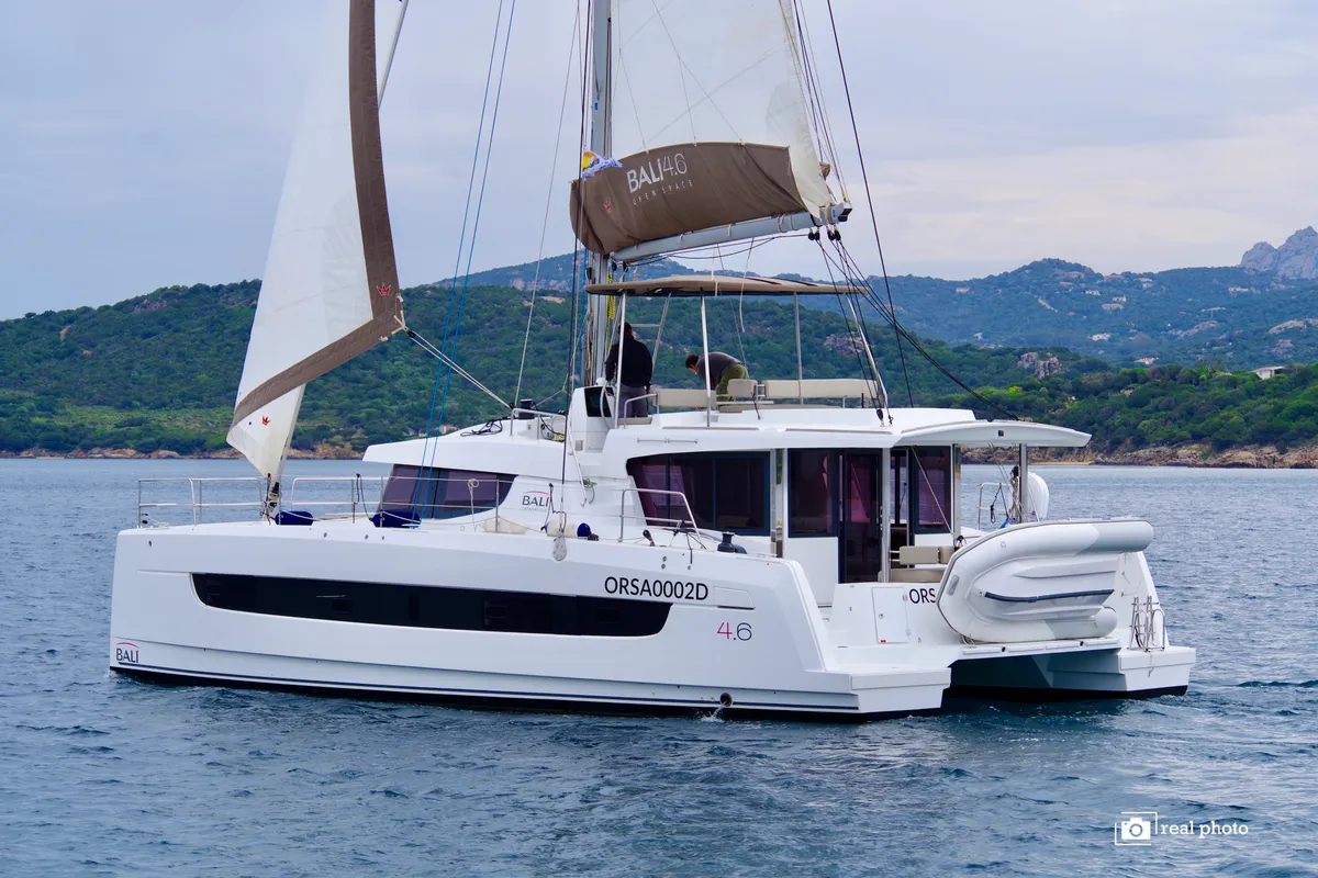 Cockpit of Orsa II, a Bali 4.6 catamaran at Cannigione, Italy