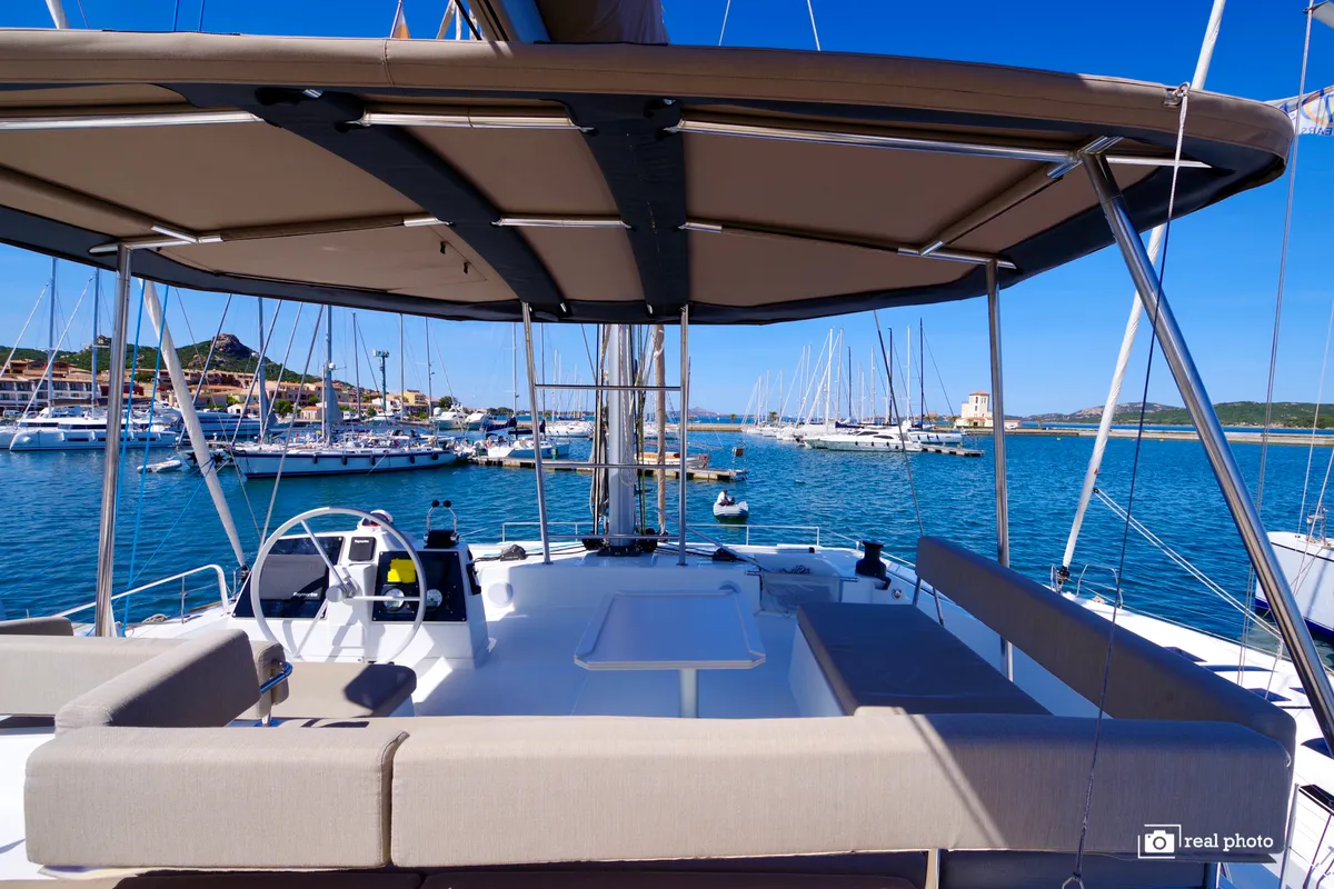 Exterior view of Orsa II, a Bali 4.6 catamaran at Cannigione, Italy