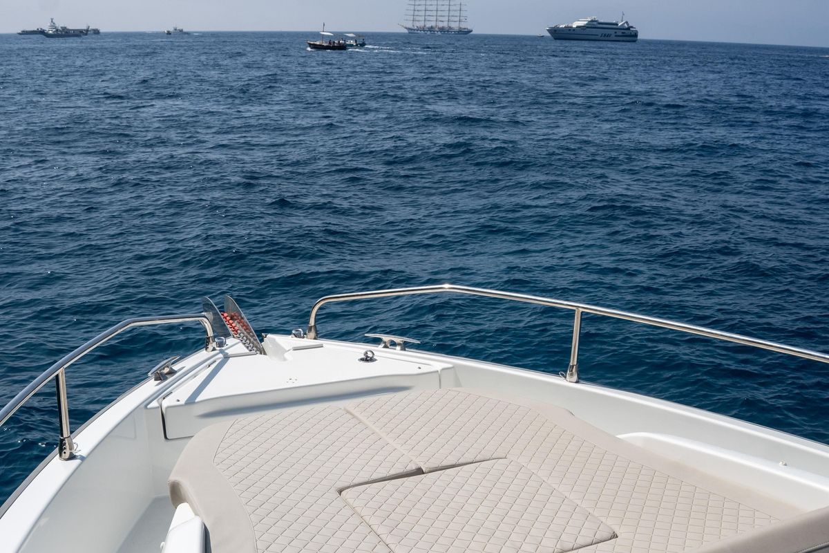 Deck of The Beginning, a Jeanneau DB/37 motorboat at Pogerola, Italy