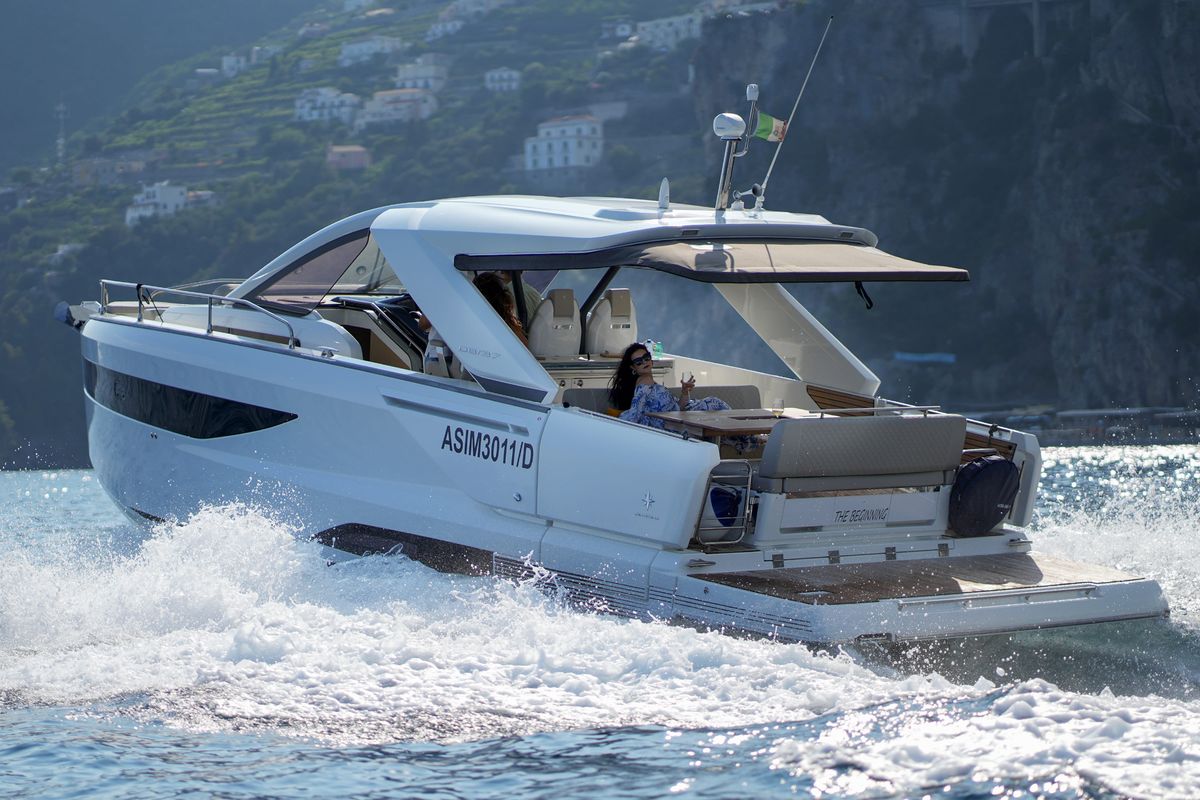 Exterior view of The Beginning, a Jeanneau DB/37 motorboat at Pogerola, Italy
