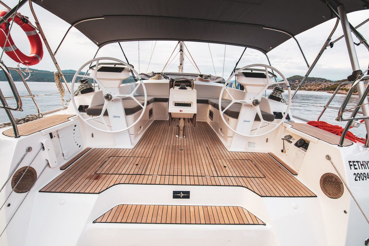 Cockpit of Jenga, a Bavaria Cruiser 46 sailboat at Fethiye, Turkey