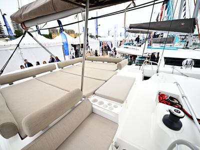 Deck of FREEDOM, a Bali Catspace catamaran at Salerno, Italy