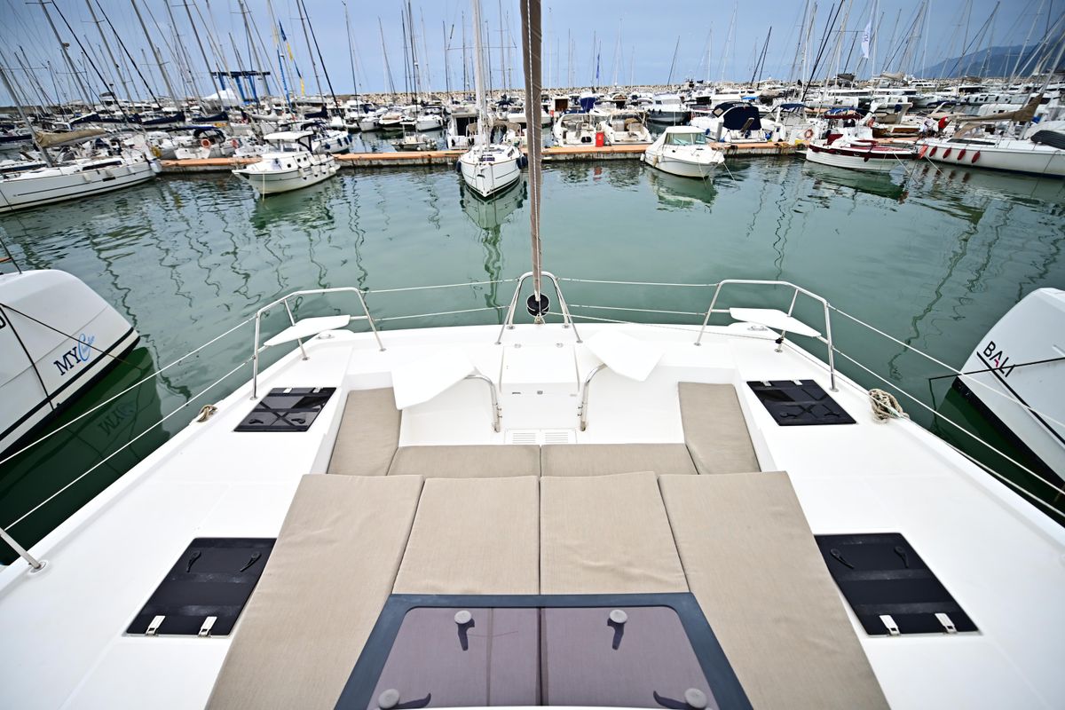 Deck of FREEDOM, a Bali Catspace catamaran at Salerno, Italy