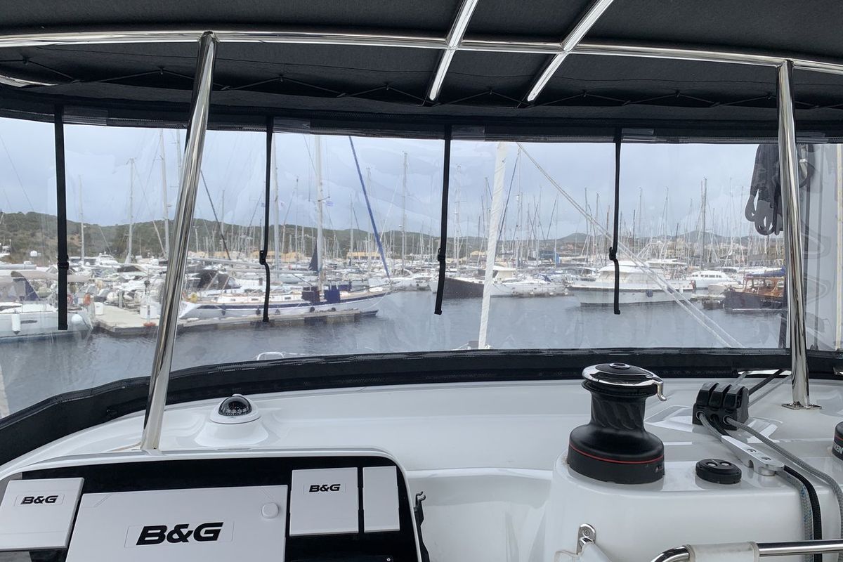 Cockpit of Zoe, a Lagoon 42 catamaran at Lavreotiki Municipal Unit, Greece