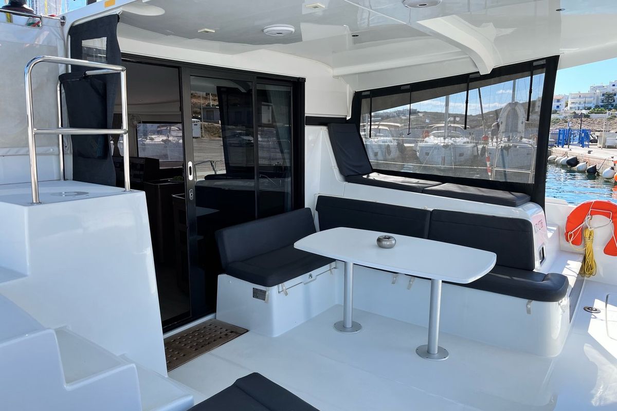 Deck of Zoe, a Lagoon 42 catamaran at Lavreotiki Municipal Unit, Greece