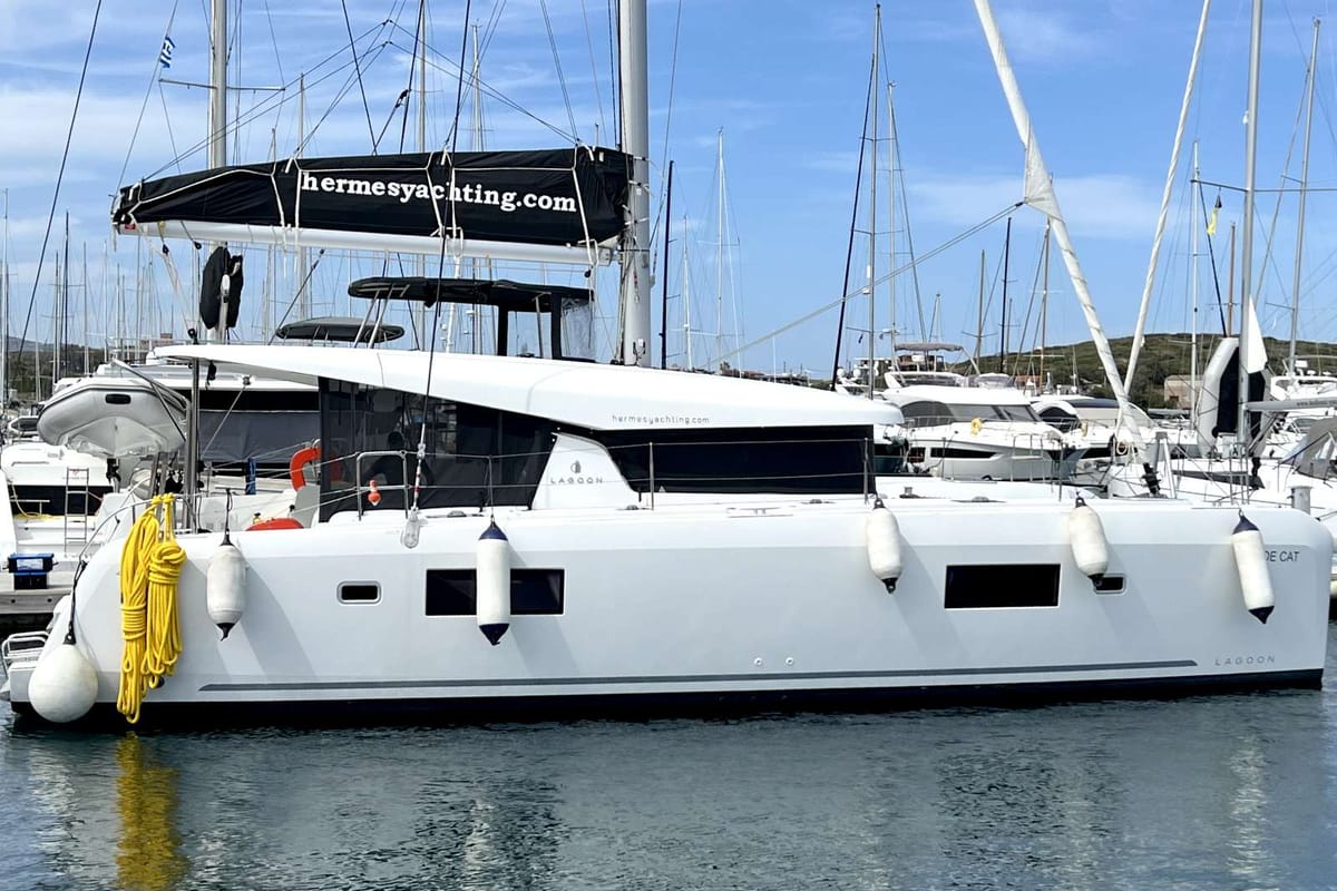 Exterior view of Zoe, a Lagoon 42 catamaran at Lavreotiki Municipal Unit, Greece