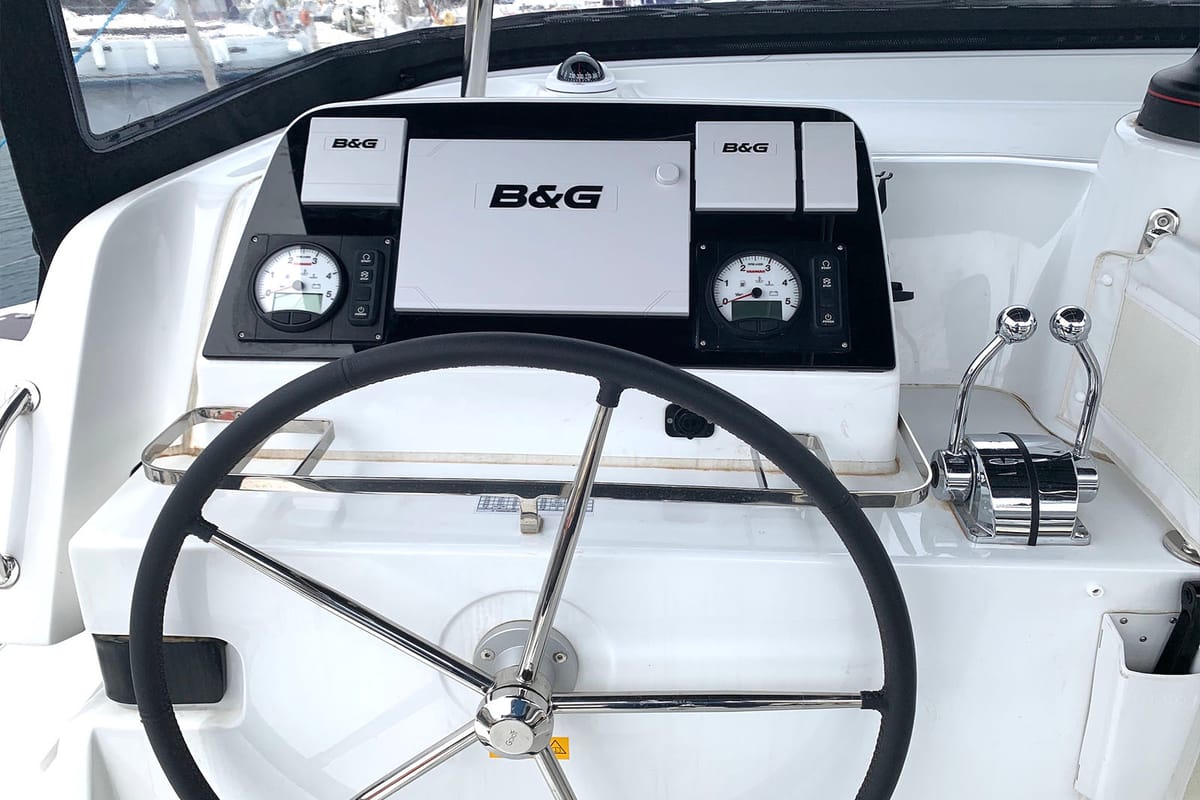Cockpit of Zoe, a Lagoon 42 catamaran at Lavreotiki Municipal Unit, Greece