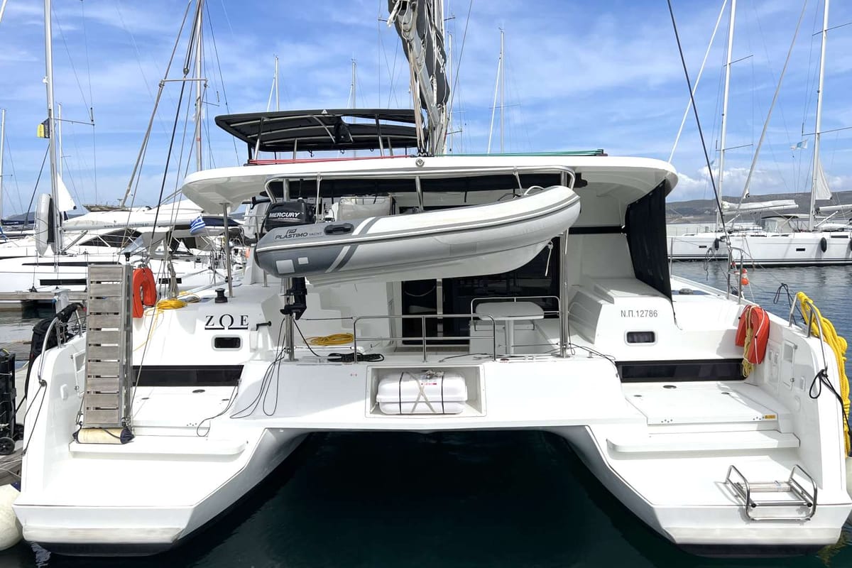 Exterior view of Zoe, a Lagoon 42 catamaran at Lavreotiki Municipal Unit, Greece