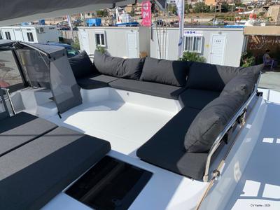 Deck of Lazuli, a Fountaine Pajot Elba 45 catamaran at Athens, Greece
