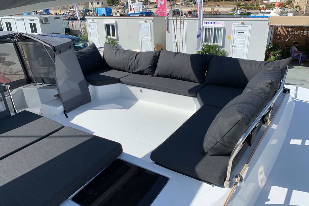 Deck of Lazuli, a Fountaine Pajot Elba 45 catamaran at Athens, Greece