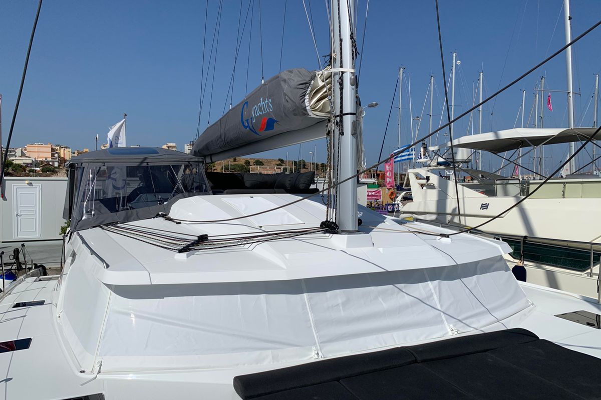 Deck of Lazuli, a Fountaine Pajot Elba 45 catamaran at Athens, Greece