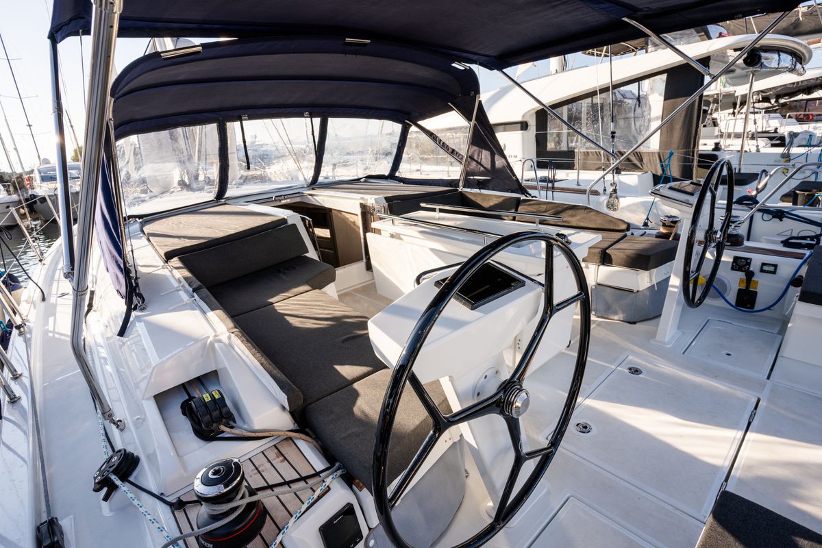 Cockpit of Persefone - Comfort line, a Beneteau Oceanis 46.1 sailboat at Olbia, Italy