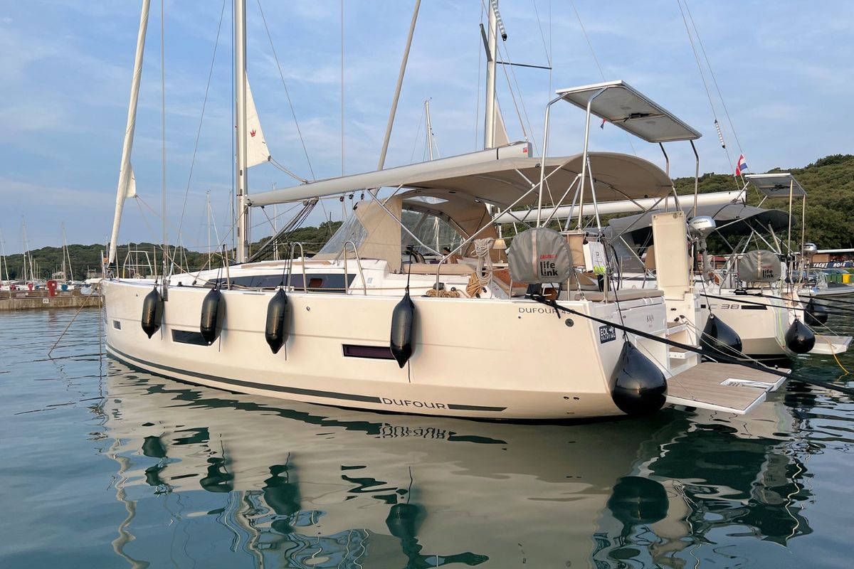 Exterior view of Kaja, a Dufour 430 GL sailboat at Grad Pula, Croatia