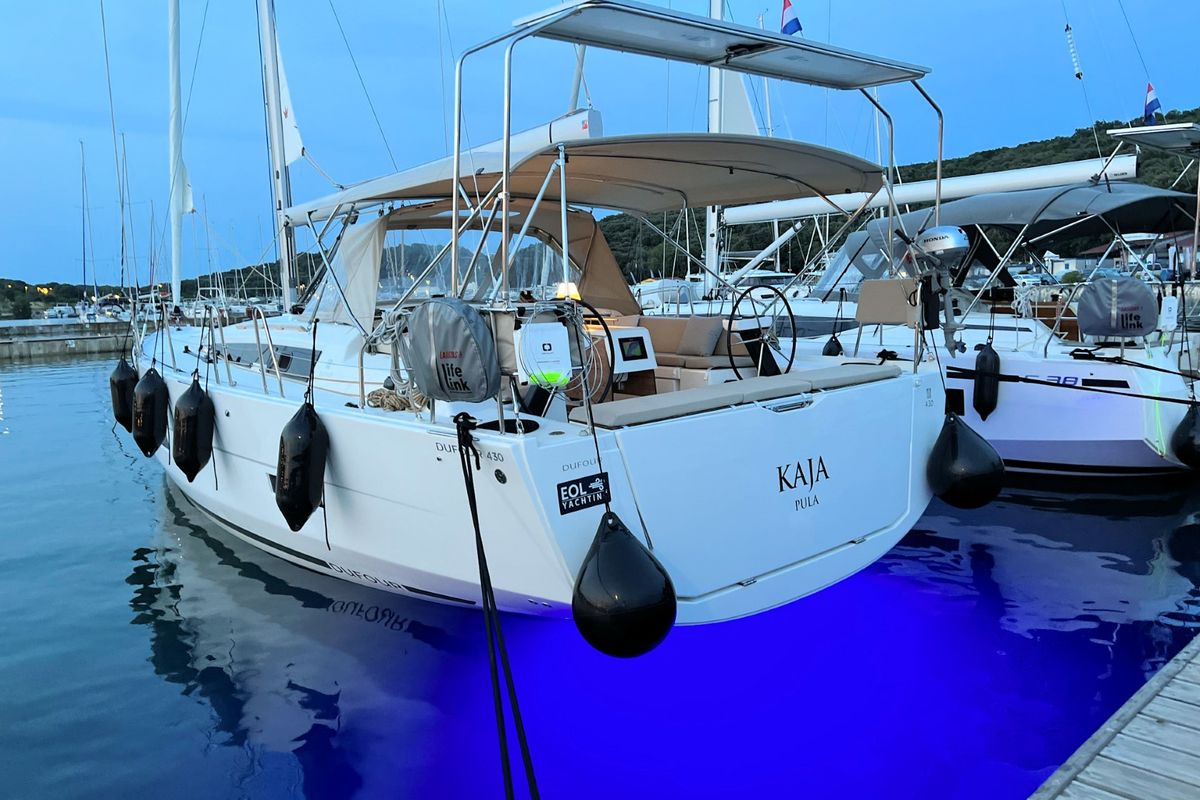 Exterior view of Kaja, a Dufour 430 GL sailboat at Grad Pula, Croatia