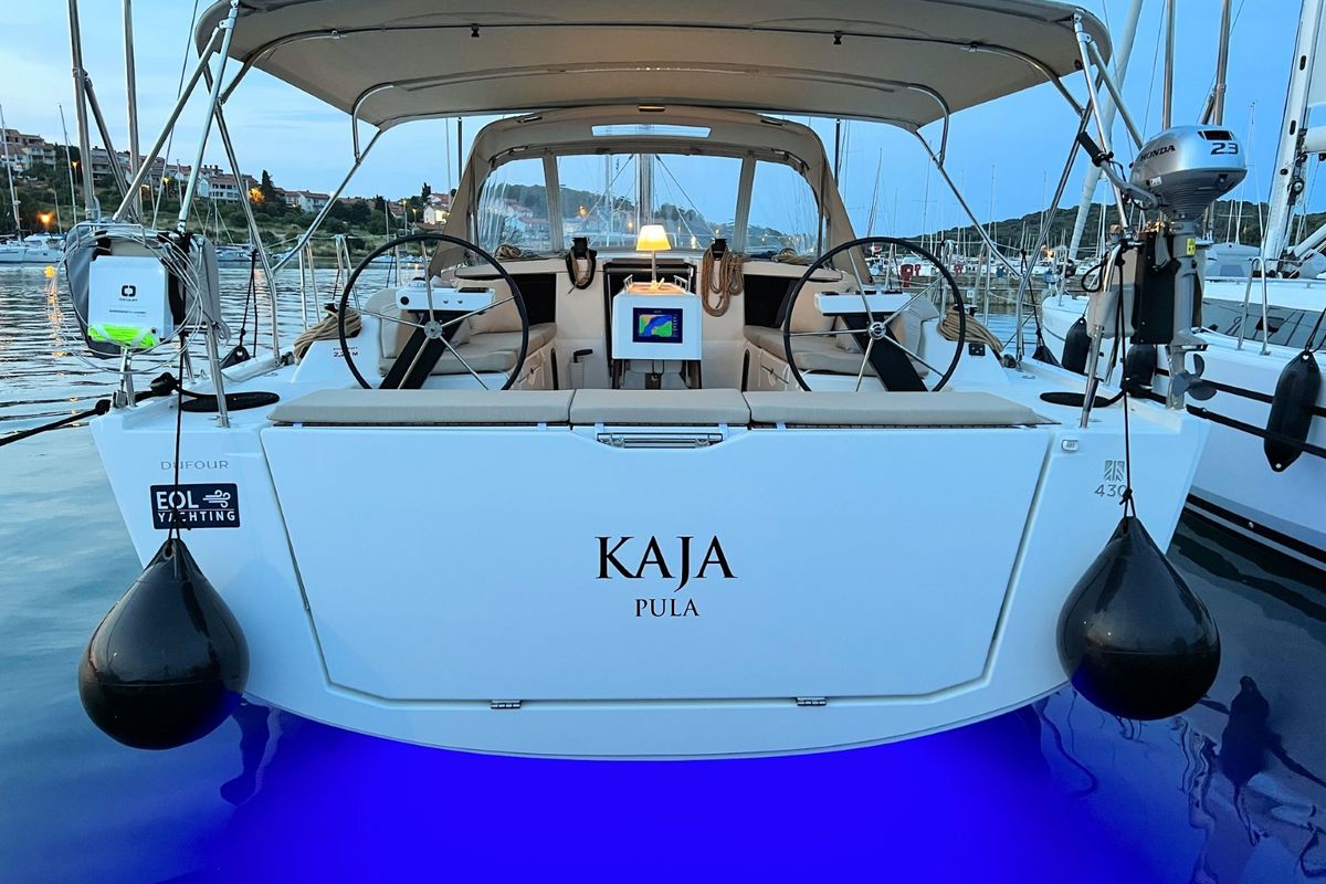 Exterior view of Kaja, a Dufour 430 GL sailboat at Grad Pula, Croatia